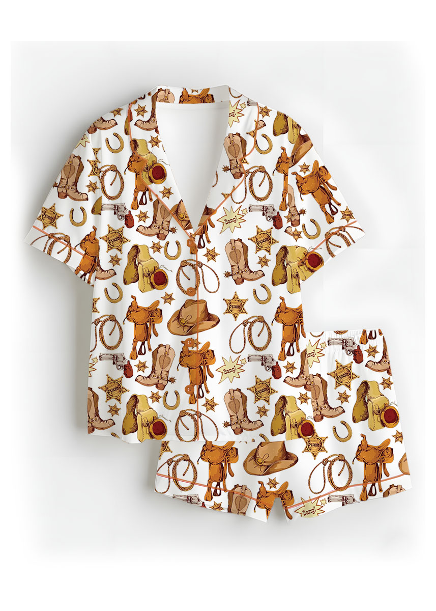 Western Cowboy Print Sleepwear Satin Pajamas Set For Women