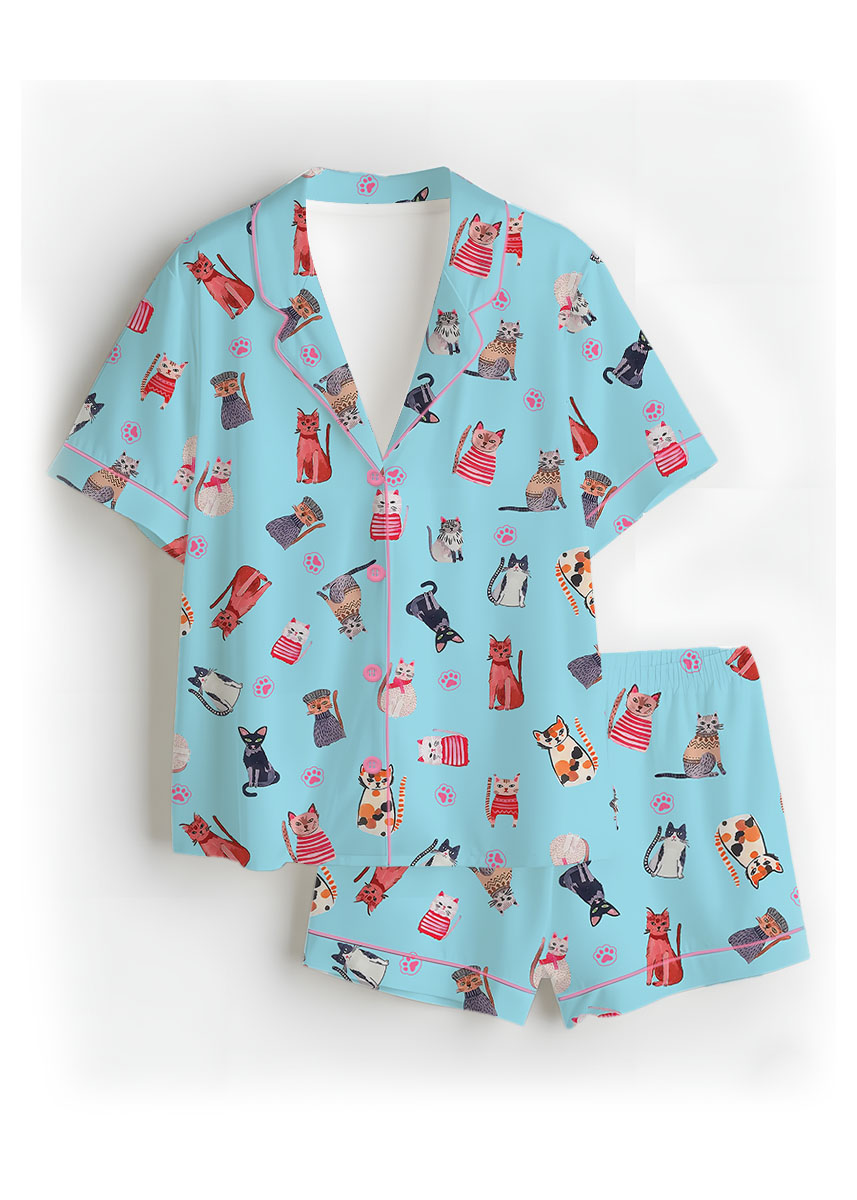 Cute Katzen Satin Pajamas Set For Women