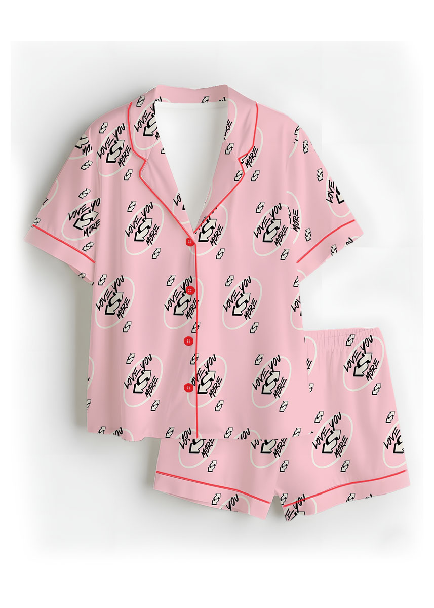 Love You More Pink Color Satin Pajama Set For Women