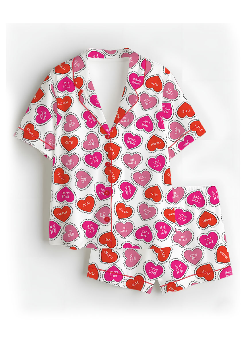 Valentine Day's Heart Shape Satin Pajama Set For Women