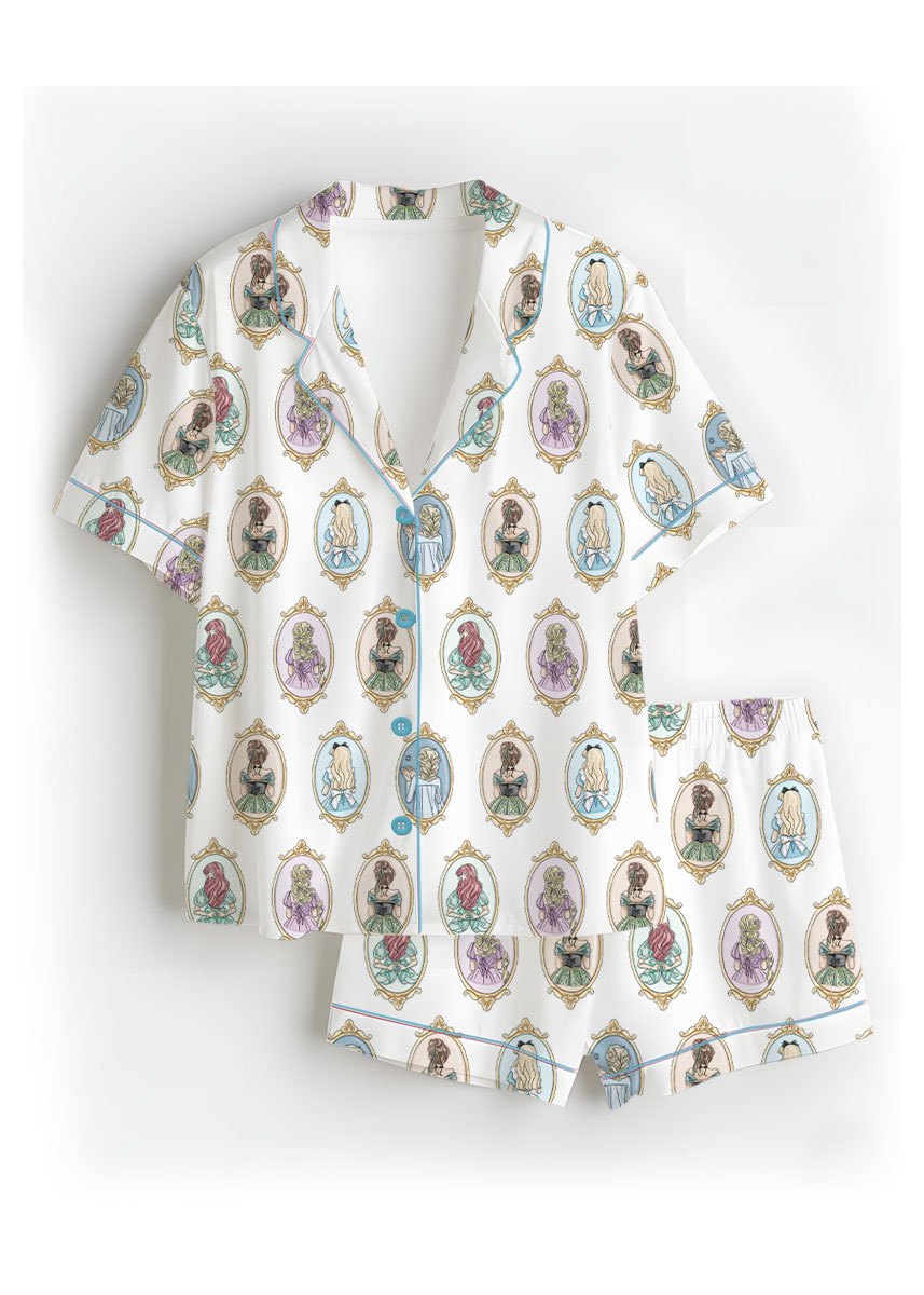 Women's Princesses Mirror Back View Iron Satin Pajamas Set For Women, White Color, US Size S-5XL