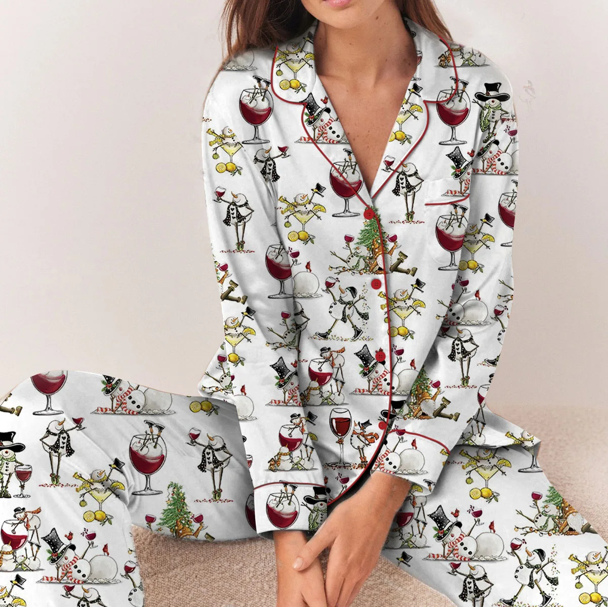 Women's Winey Snowman Satin Pajama Set For Women