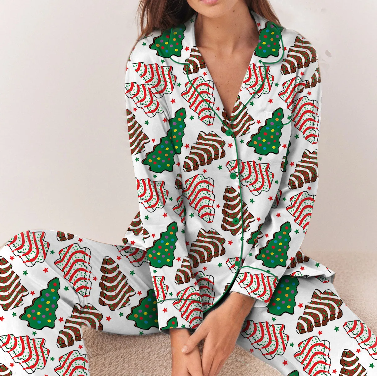 Women's Christmas Tree Cake Satin Pajama Set For Women