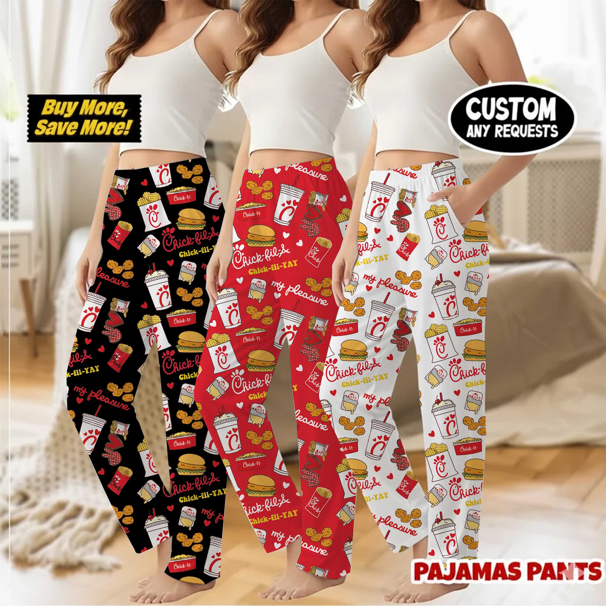 Chick-fil-A Inspired Pajama Pants, Fast Food Pattern Print Sleepwear