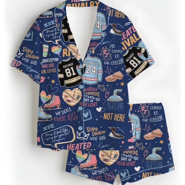 Women’s Hockey Romance Couple Satin Pajamas Set, Navy Color, US Size S-5XL