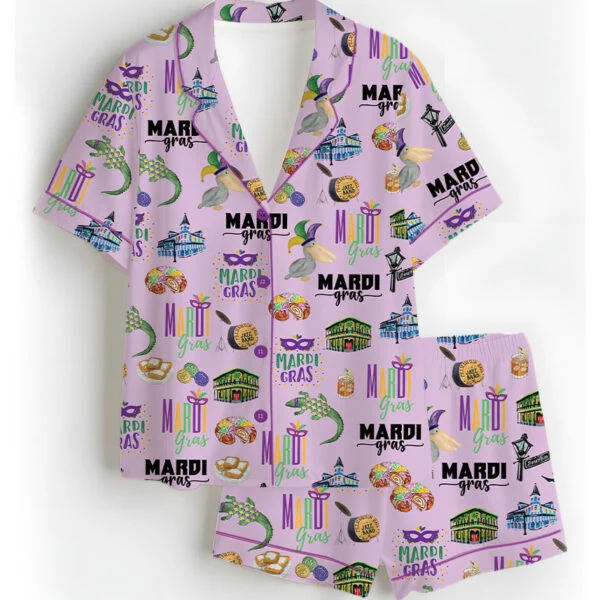 Women’s Mardi Gras Hawaiian Satin Pajamas Set, Pastel Purple Color, US Size S-5XL