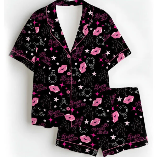 Women's Bachelorette Party Pattern Satin Pajamas Set, Black Color, US Size S-5XL