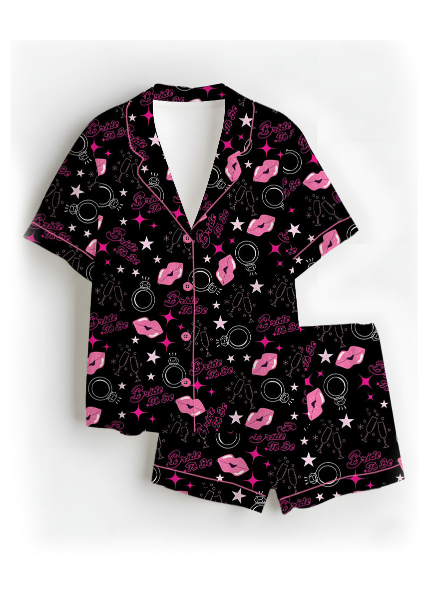 Women's Bachelorette Party Pattern Satin Pajamas Set, Black Color, US Size S-5XL