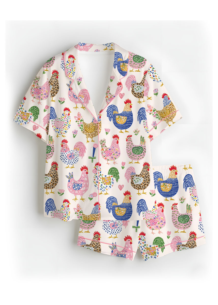 Women's Floral Chicken Satin Pajamas Set, White Color, US Size S-5XL