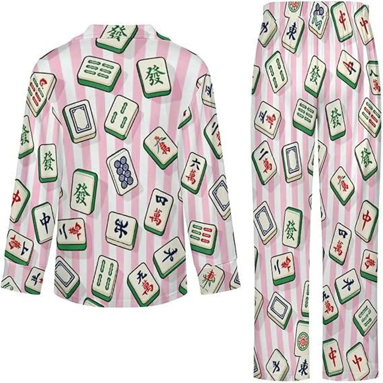 Women’s Chinoiserie Mahjong Satin Pajamas Set For Women, Pink Color, US Size S-5XL