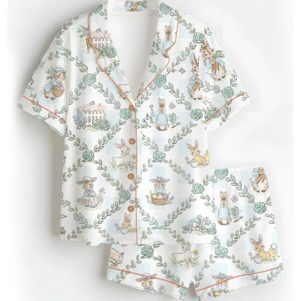 Women’s Peter Rabbit And Friends Satin Pajamas Set For Women, White Color, US Size S-5XL