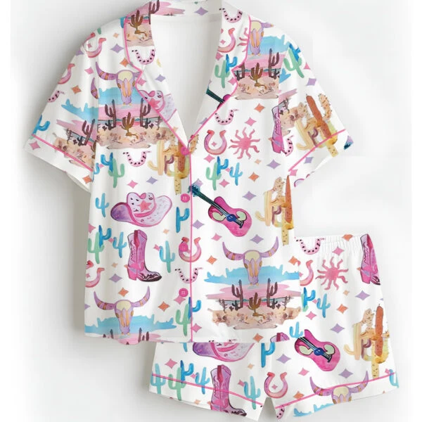 Women’s Colorful Cowgirl Satin Pajamas Set For Women, White Color, US Size S-5XL
