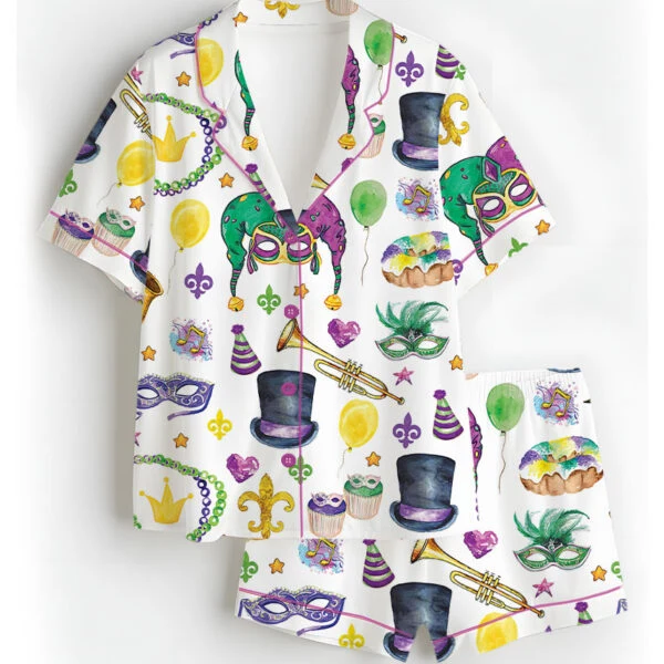 Women’s Mardi Gras New Orleans Satin Pajamas Set For Women, White Color, US Size S-5XL