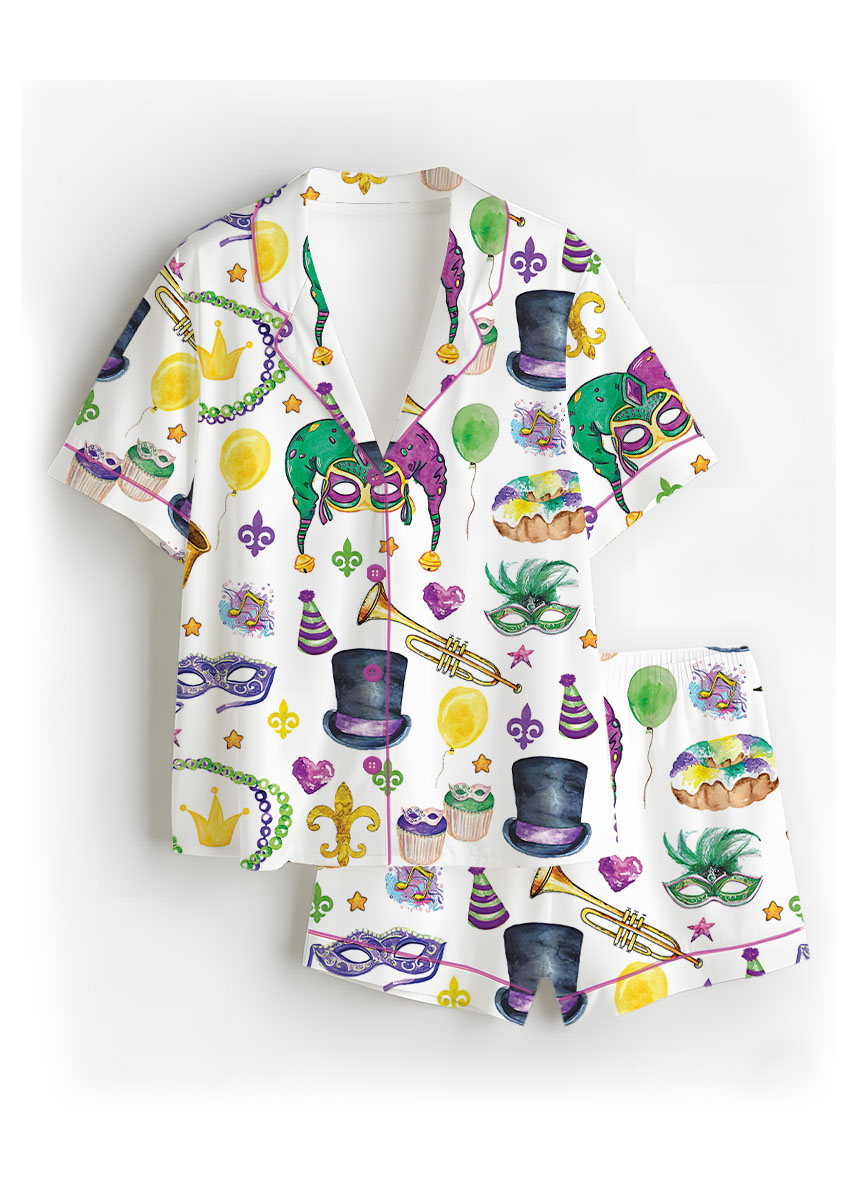 Women’s Mardi Gras New Orleans Satin Pajamas Set For Women, White Color, US Size S-5XL