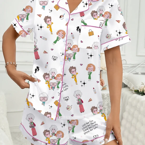 Golden G1rs Satin Pajama Set, Classic TV Show Short Sleeve PJs, Women's Button Down Sleepwear, Retro Loungewear Gift
