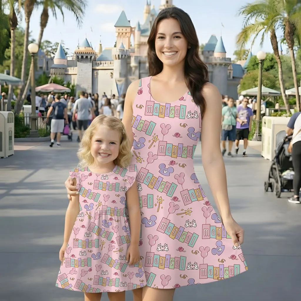 Disney Mickey Magical Pink Mommy & Me Dress, Mama Mini Family Matching Outfit