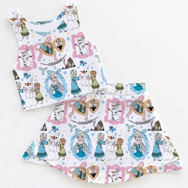 Icy Frozen Elsa Watercolor Dress Set, Princess Mirror Bow Birthday Vacation Outfit