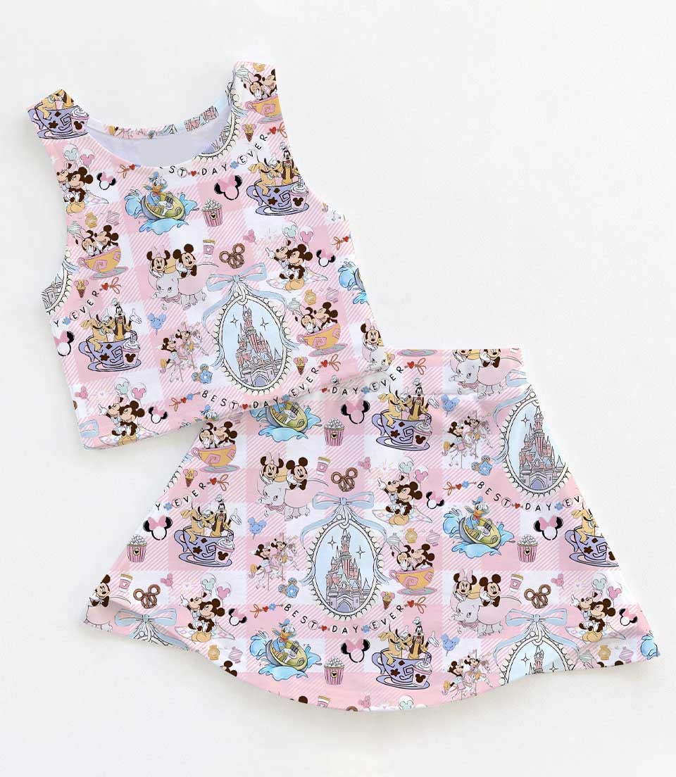 Women's Mickey & Minnie Ride Activewear Set, Pink Plaid Athletic Dress & Skort Outfit