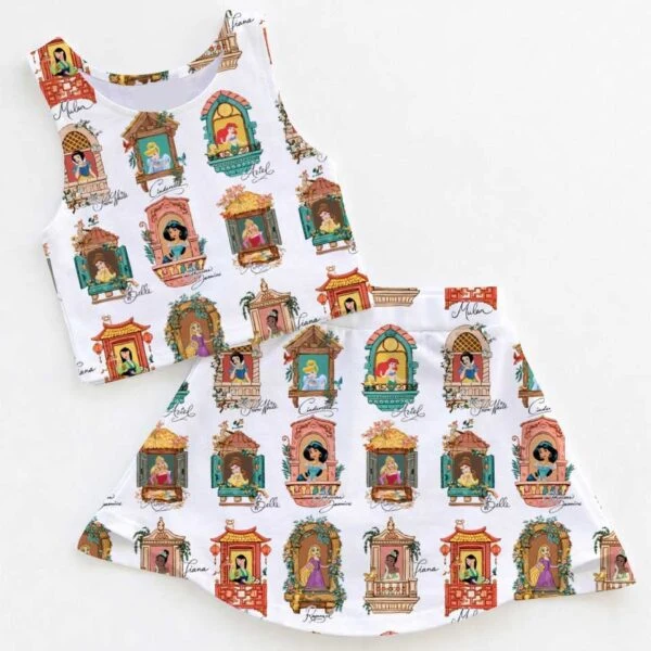 Retro Disney Princess Dress Set, Rapunzel Belle Cinderella Summer Vacation Outfit