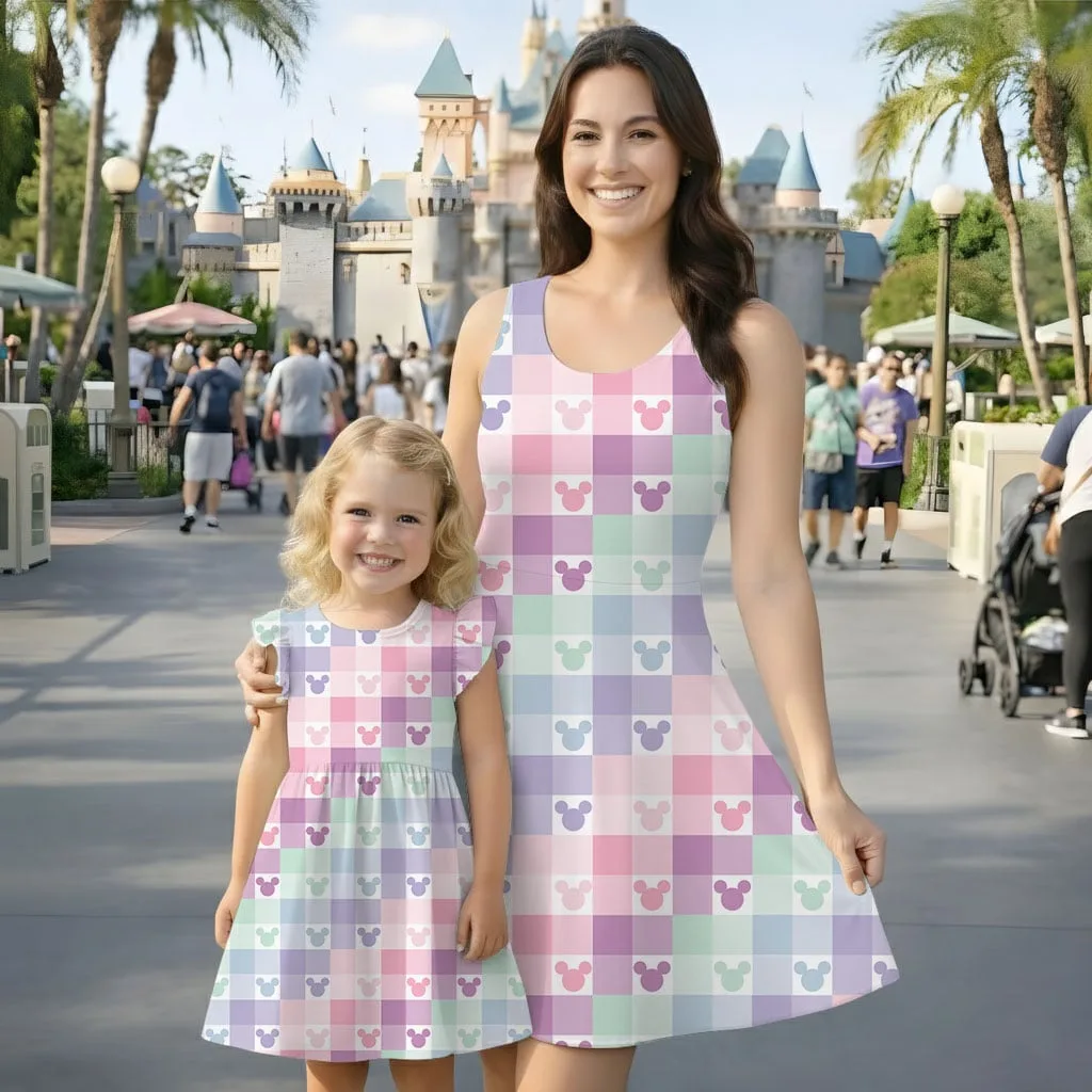 Disney Mickey Pastel Plaid Mommy & Me Dress, Mama Mini Family Matching Outfit
