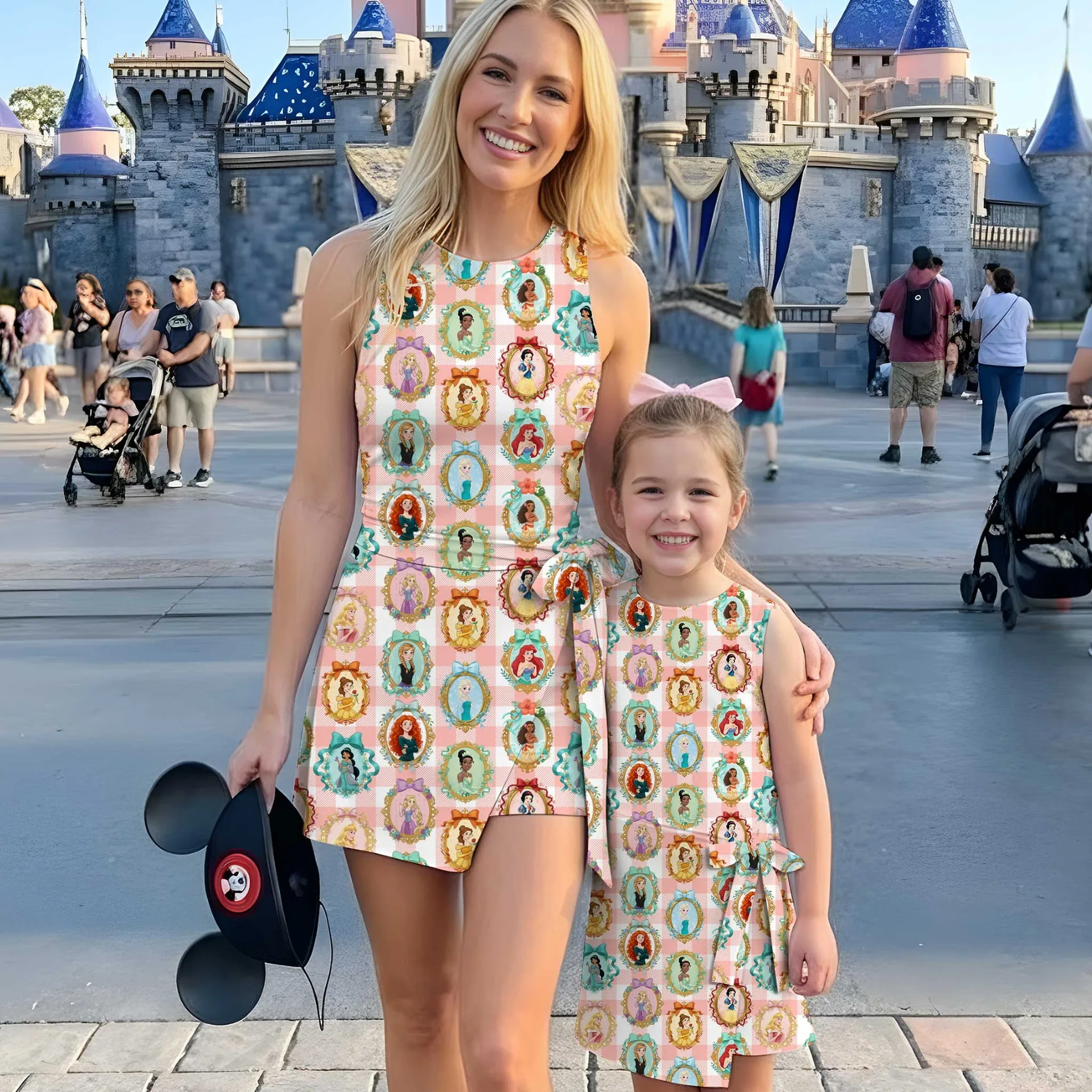 Girls Disney Princess Mirror Pink Gingham Tennis Dress Skirt, Family Matching Outfit