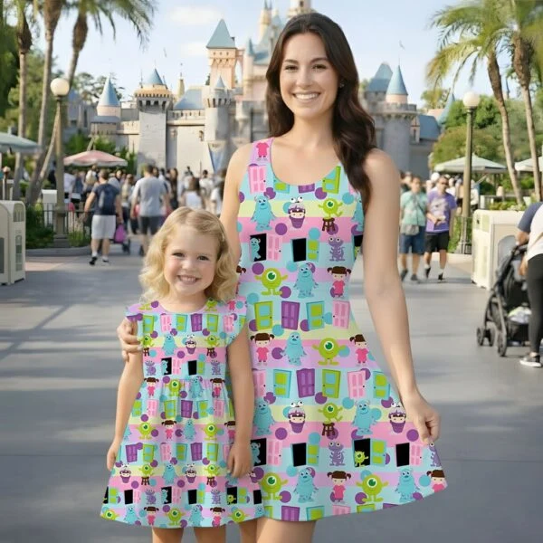 Disney Monsters Inc Character Pattern Mommy & Me Dress, Mama Mini Family Matching Outfit