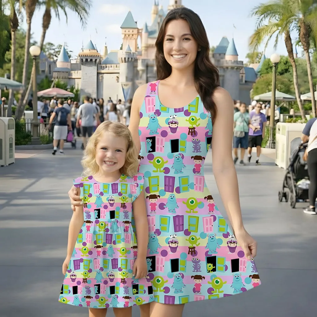 Disney Monsters Inc Character Pattern Mommy & Me Dress, Mama Mini Family Matching Outfit