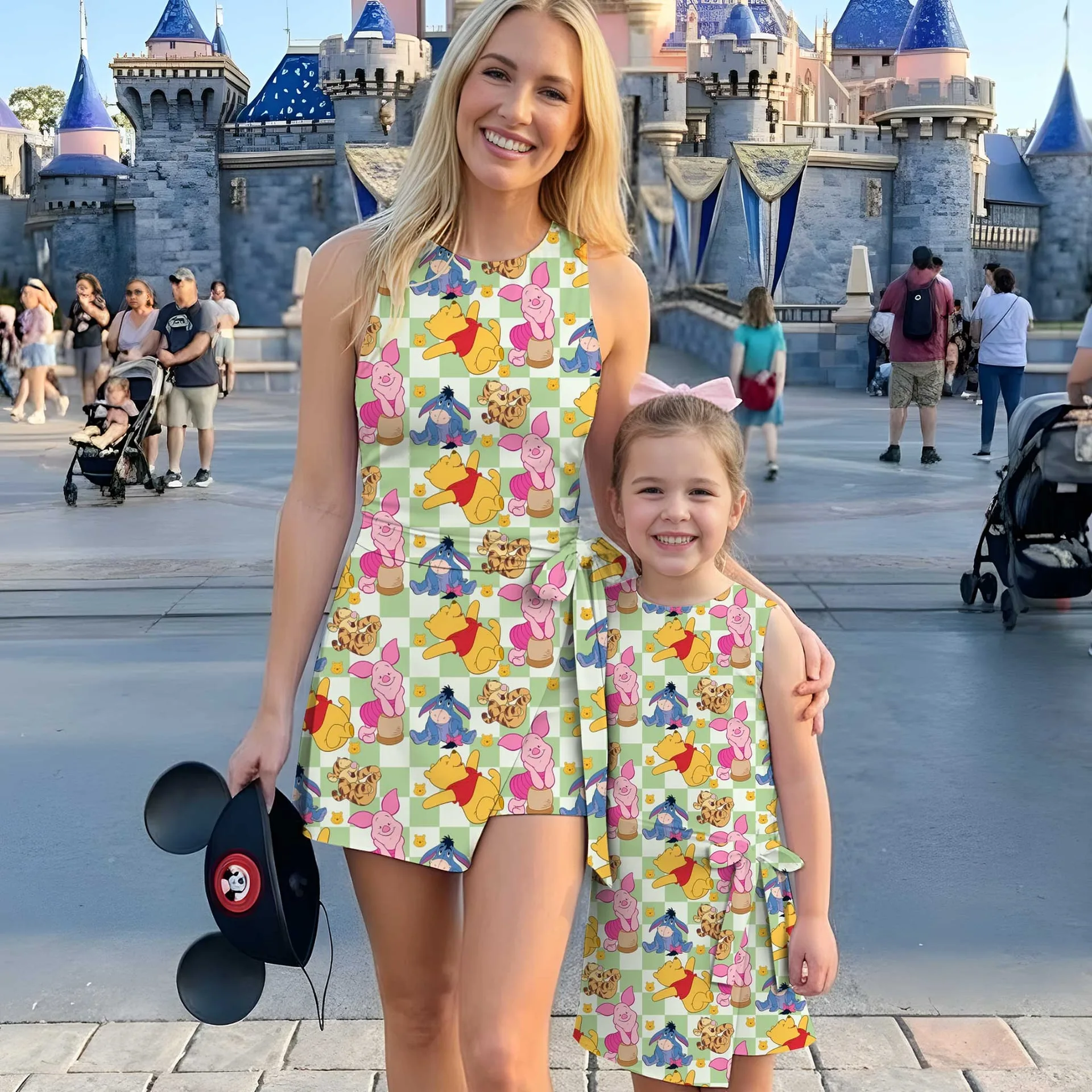 Girls Disney Winnie the Pooh Green Gingham Tennis Dress Skirt, Family Matching Outfit