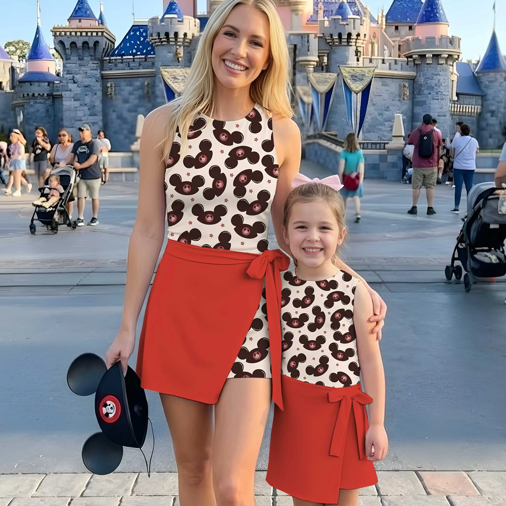 Girls Disney Mickey Mouse Ears Hat Red White Tennis Dress Skirt, Family Matching Outfit
