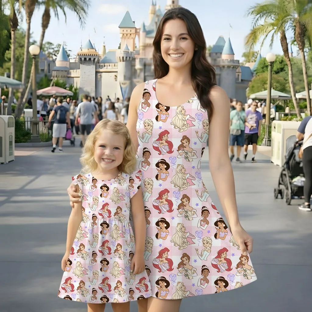 Disney Princess Pink Gingham Mommy & Me Dress, Mama Mini Family Matching Outfit