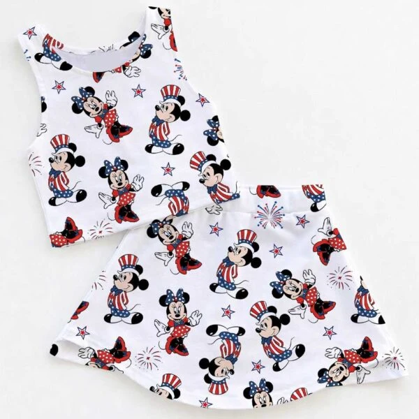 Women's Patriotic Mickey Activewear Set, USA Flag Athletic Dress & Skort Outfit, Red White Blue 4th Of July Matching