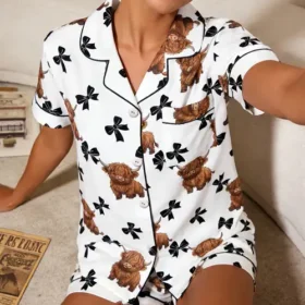 Coquette Cow Satin Pajamas Set, Cowgirl Pajamas Set, Farm Animal Women Pajamas, Highland Cow Shirt