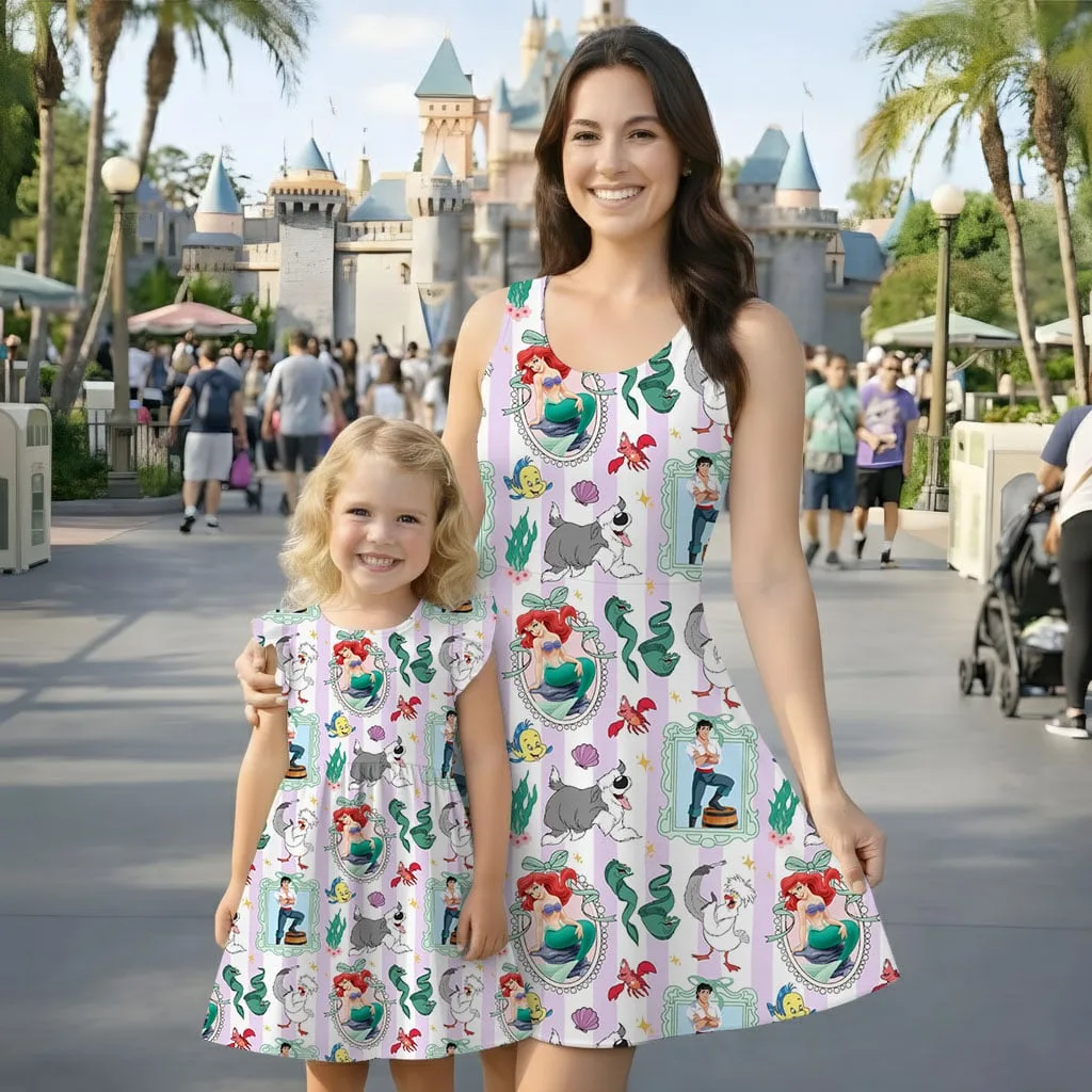 Disney Little Mermaid Character Pattern Mommy & Me Dress, Mama Mini Family Matching Outfit