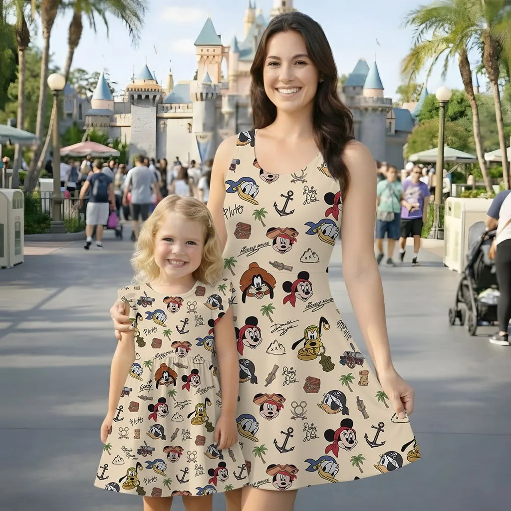 Disney Mickey and Friends Pirate Pattern Mommy & Me Dress, Mama Mini Family Matching Outfit