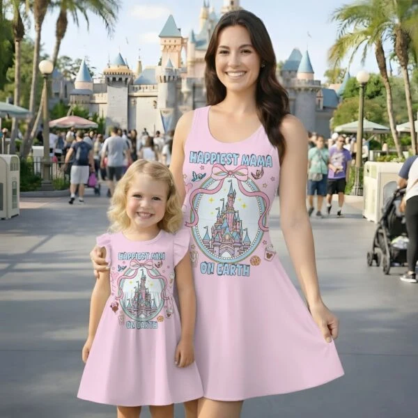 Disney Castle Happiest Mama On Earth Pattern Mommy & Me Dress, Mama Mini Family Matching Outfit