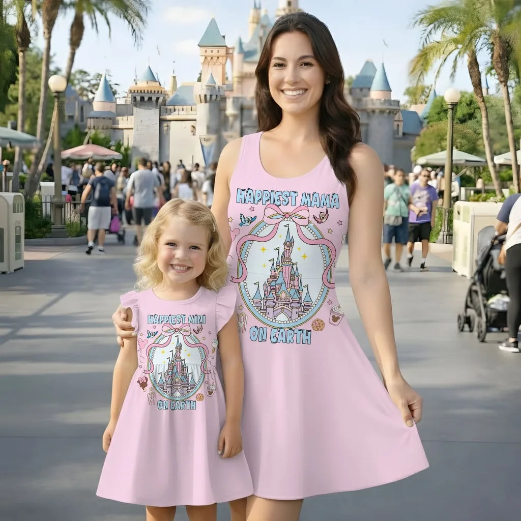 Disney Castle Happiest Mama On Earth Pattern Mommy & Me Dress, Mama Mini Family Matching Outfit