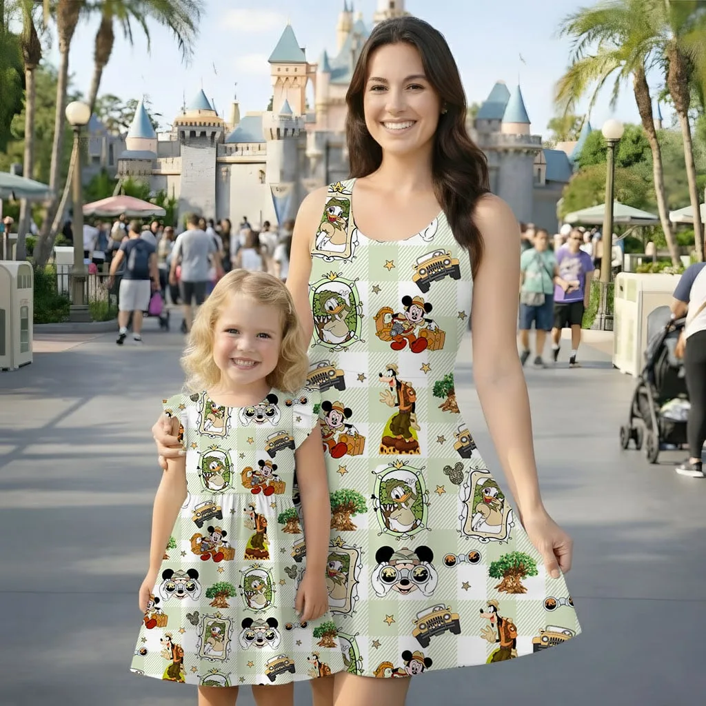 Disney Mickey and Friends Adventure Pattern Mommy & Me Dress, Mama Mini Family Matching Outfit
