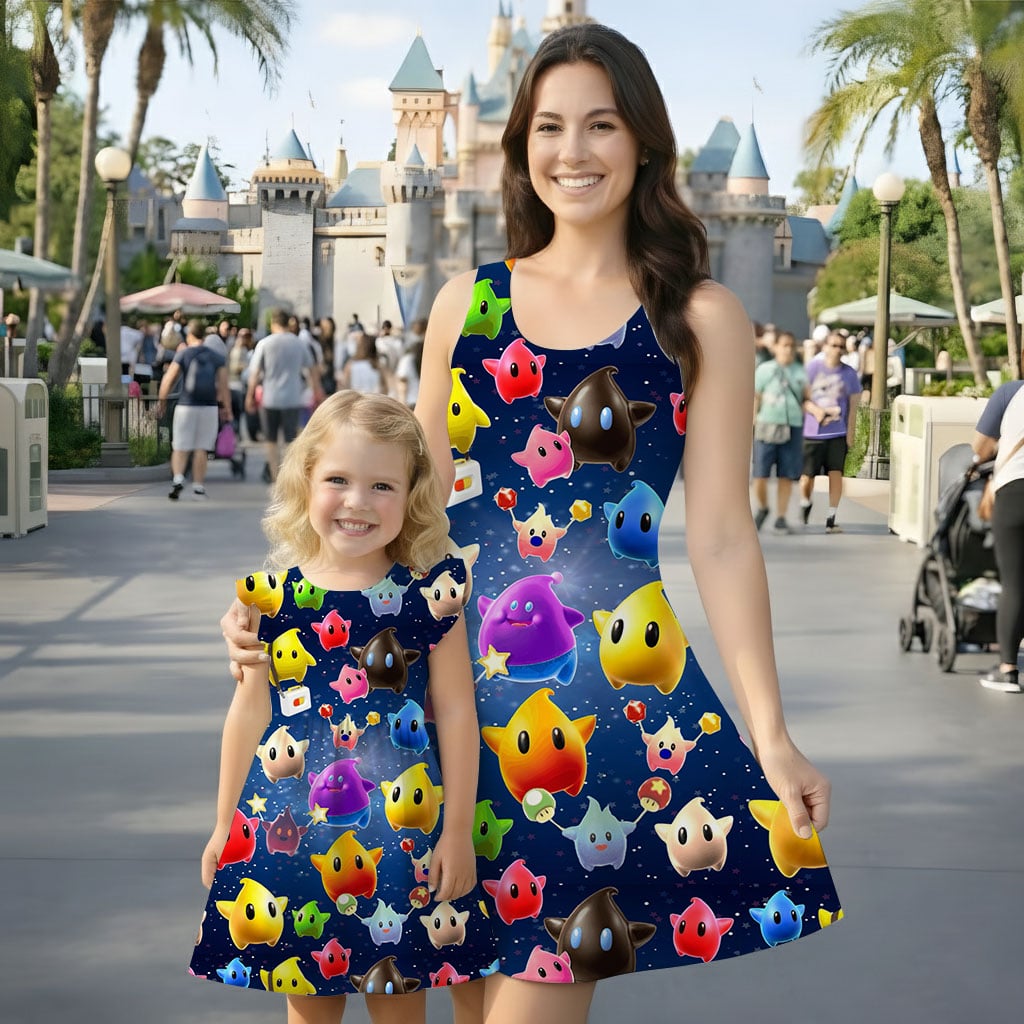 Super Mario Galaxy Character Pattern Mommy & Me Dress, Mama Mini Family Matching Outfit