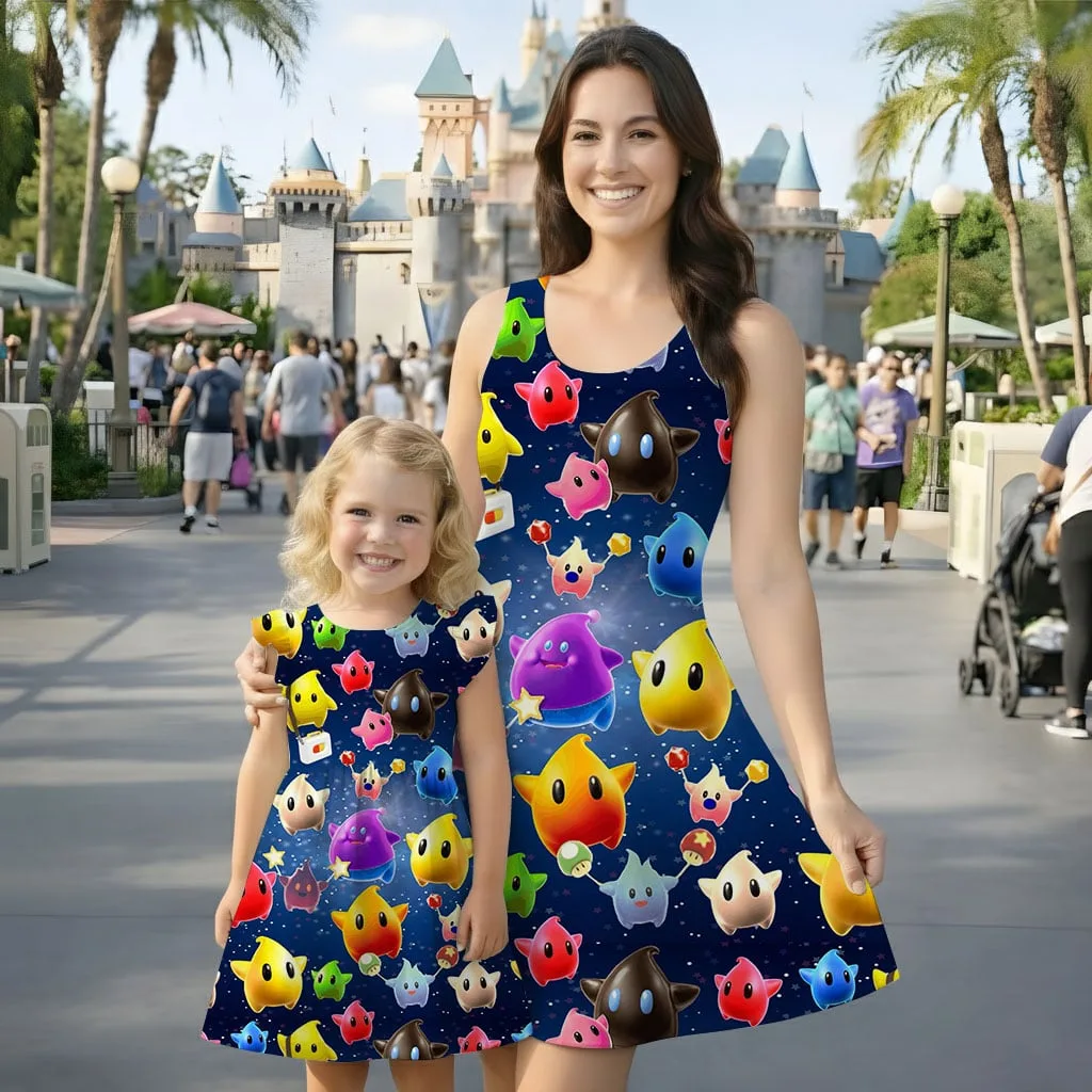 Super Mario Galaxy Character Pattern Mommy & Me Dress, Mama Mini Family Matching Outfit