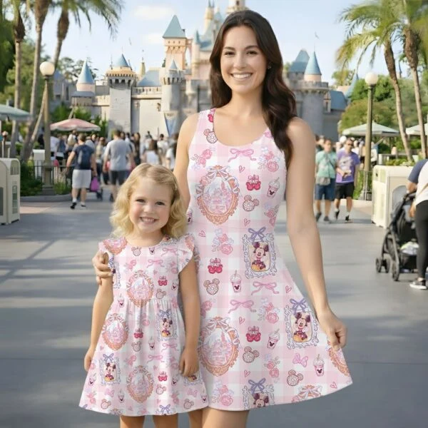 Disney Mickey Castle Pattern Mommy & Me Dress, Mama Mini Family Matching Outfit