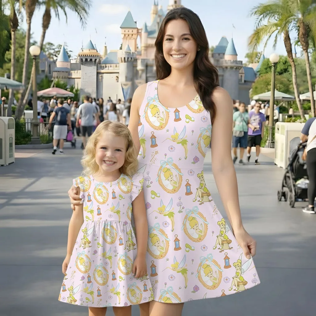Disney Tinker Bell Fairy Pattern Mommy & Me Dress, Mama Mini Family Matching Outfit