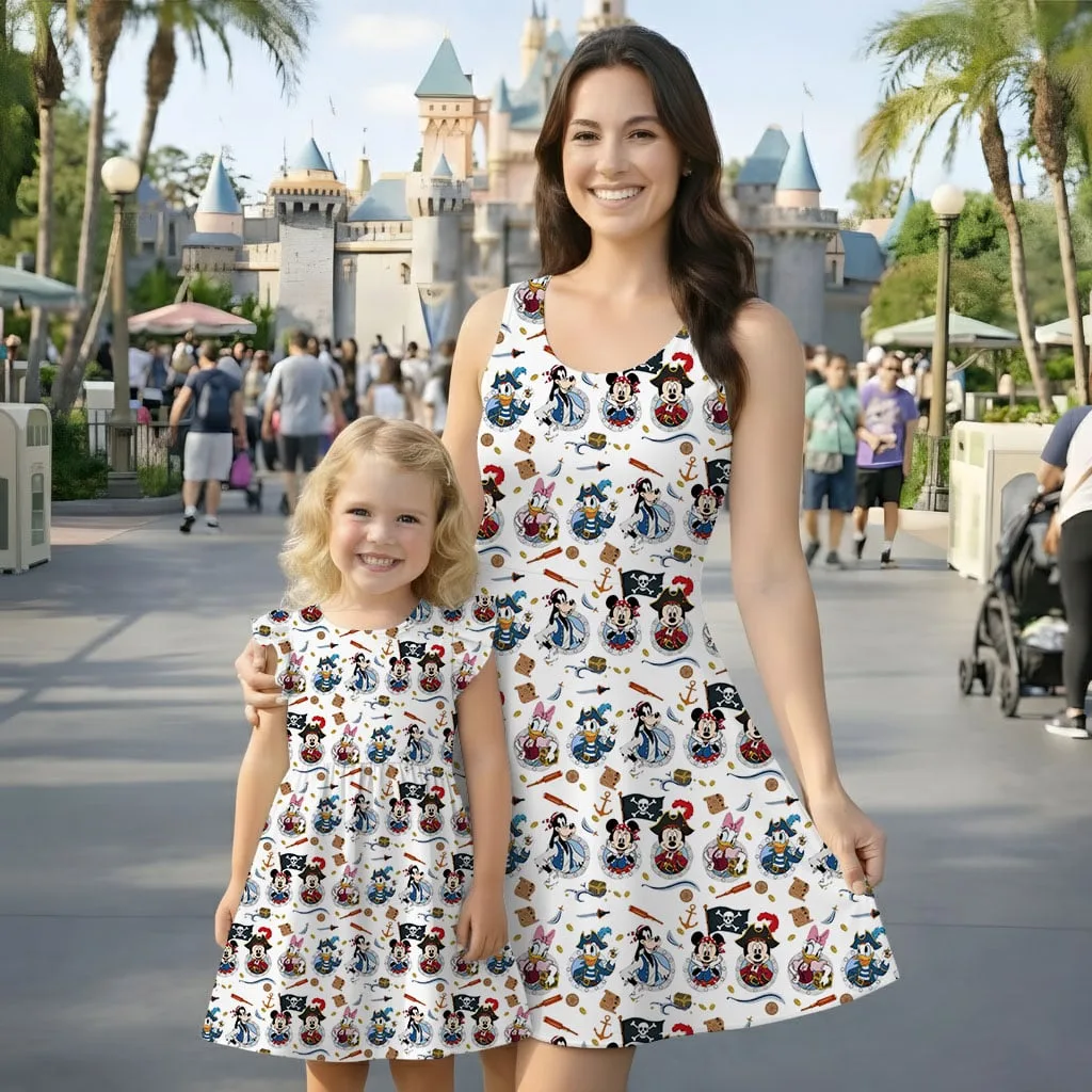 Disney Mickey Pirate Character Pattern Mommy & Me Dress, Mama Mini Family Matching Outfit