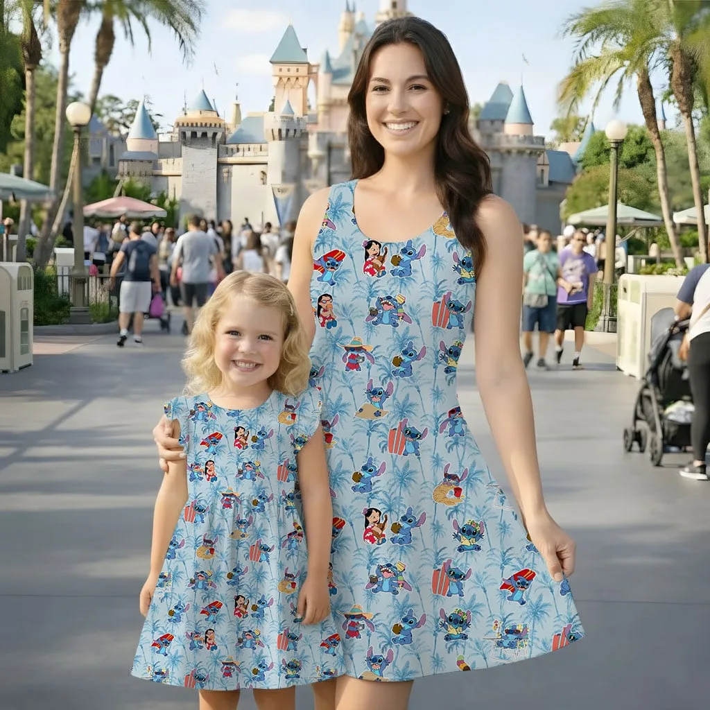 Disney Stitch Character Pattern Mommy & Me Dress, Mama Mini Family Matching Outfit