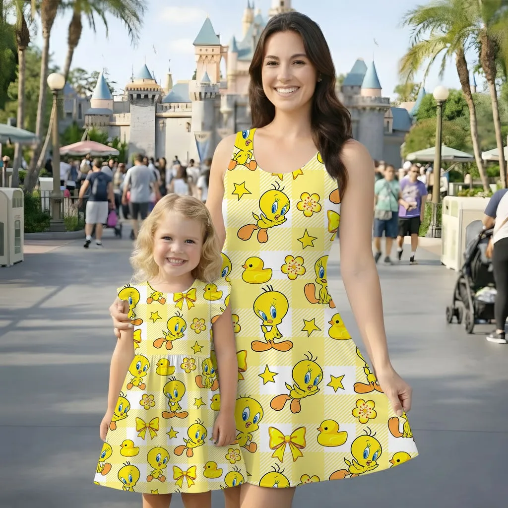 Tweety Bird Character Pattern Mommy & Me Dress, Mama Mini Family Matching Outfit