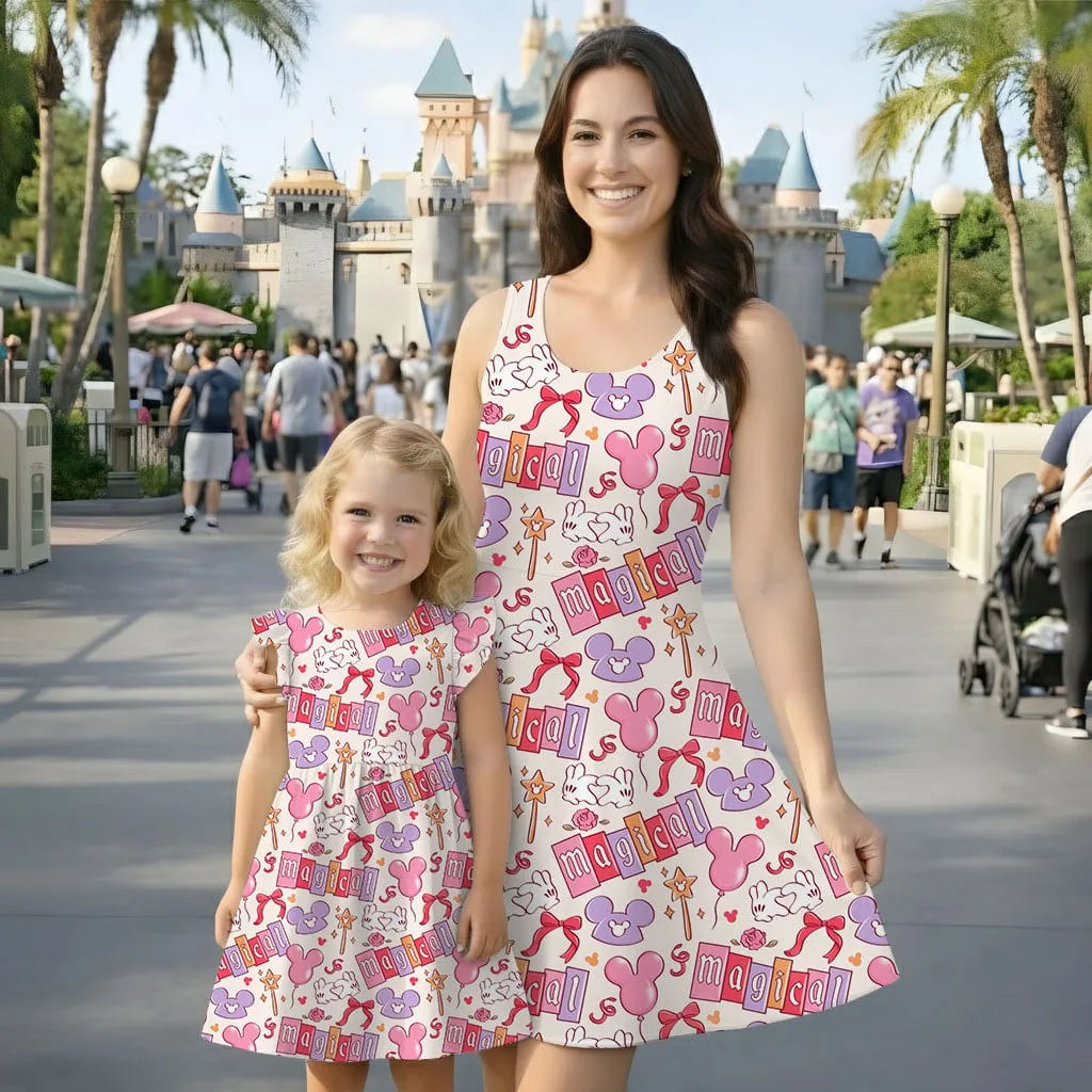 Disney Magical Character Pattern Mommy & Me Dress, Mama Mini Family Matching Outfit