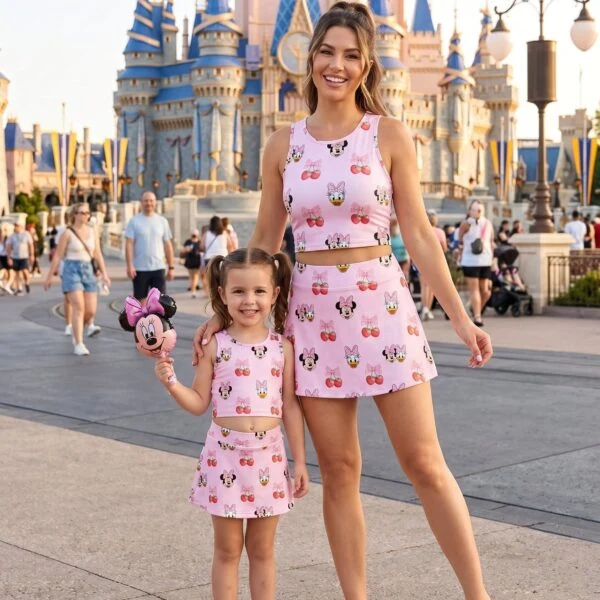 Minnie Mouse Cherry Dress Set, Pink Disney Skirt Set, Mom And Me Matching Dress Set, Theme Park Vacation Outfit, Cute Summer Outfit
