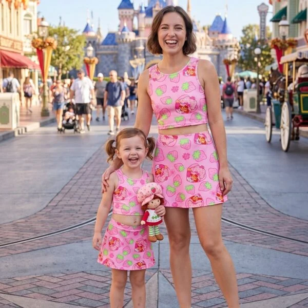 Strawberry Shortcake Dress Set, Cartoon Skirt Set, Mom And Me Matching Dress Set, Theme Park Vacation Outfit, Cute Family Trip Outfit
