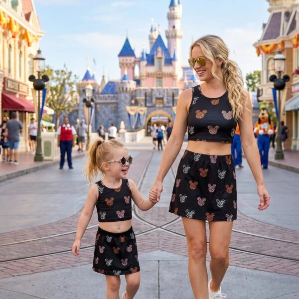 Leopard Mickey Dress Set, Cartoon Skirt Set, Mom And Me Matching Dress Set, Theme Park Vacation Outfit, Cute Family Trip Outfit