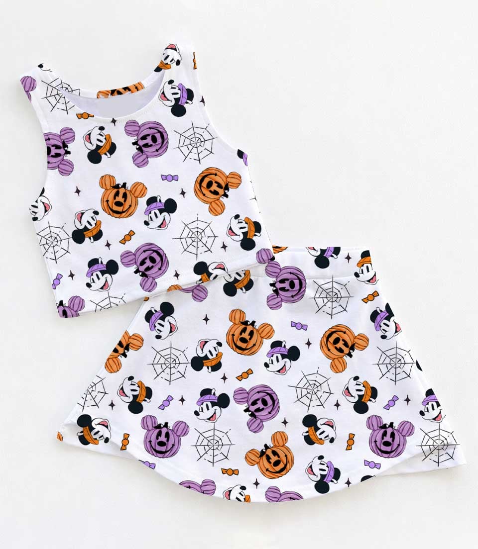 Disney Inspired Halloween Family Matching Dress Set, Mickey Pumpkin Crop Top and Skirt Dress Set, Spooky Cute Mom and Me Costume Outfit