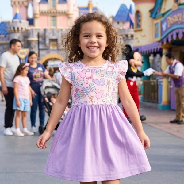 Magical Mickey Castle Ruffle Sleeve Dress Kids, White Pastel Disneyland Vacation Dress